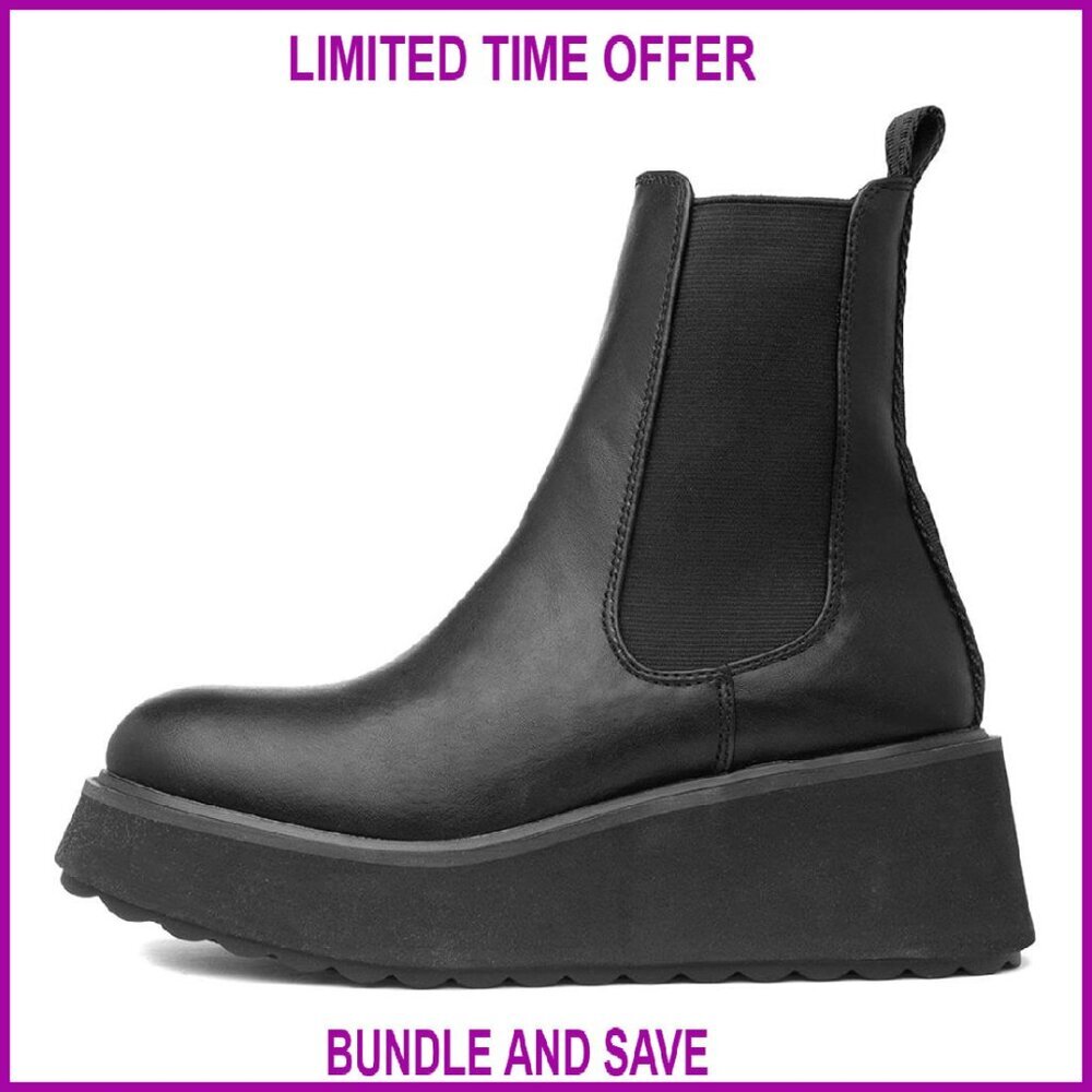 Platform Wedge Ankle Chelsea Boots, Slip-On, Faux Leather, Size Available